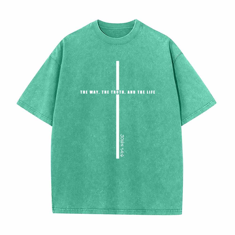 Christianartworkshop Minimal Thin Line Cross The Way The Truth And The Life John 14:6 Front Print Washed T-Shirt - Green - 5XL - image 6