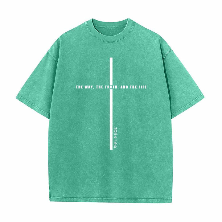 Christianartworkshop Minimal Thin Line Cross The Way The Truth And The Life John 14:6 Front Print Washed T-Shirt - Green - 5XL - image 6