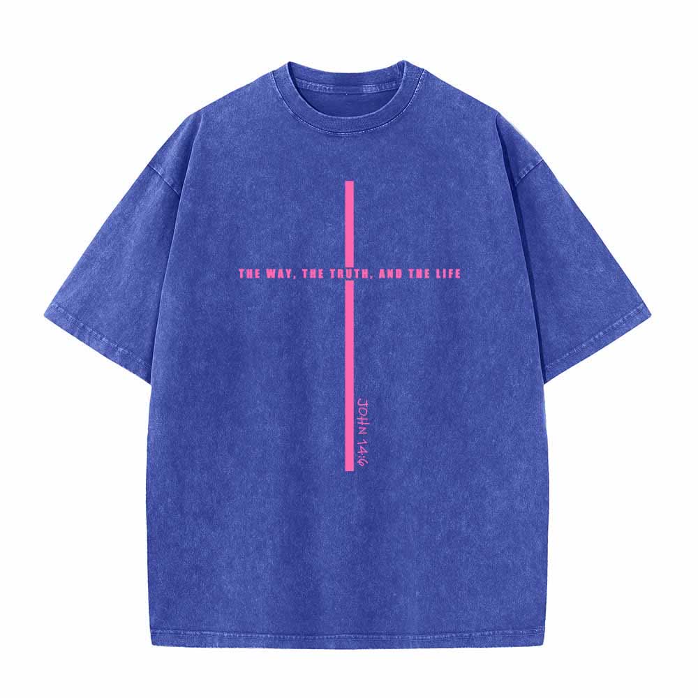 Christianartworkshop Minimal Thin Line Cross The Way The Truth And The Life John 14:6 Front Print Washed T-Shirt - Blue - 5XL - image 3