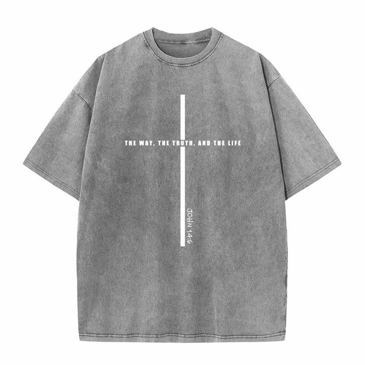 Christianartworkshop Minimal Thin Line Cross The Way The Truth And The Life John 14:6 Front Print Washed T-Shirt - Grey - 5XL - image 5