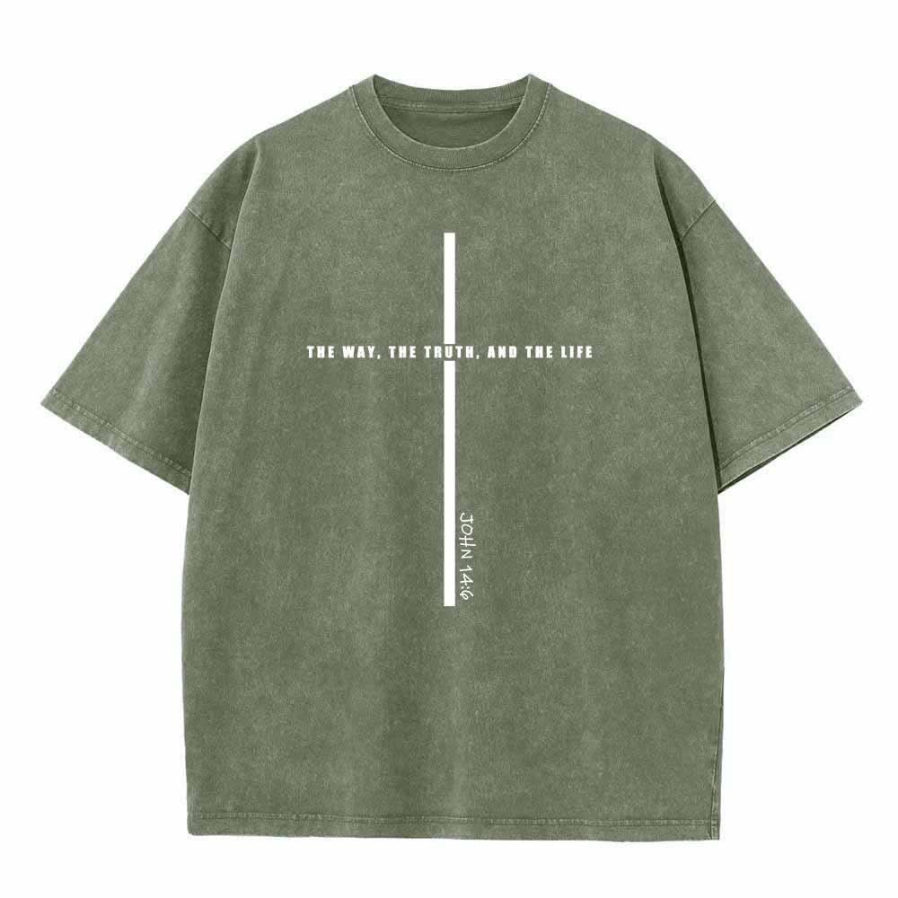 Christianartworkshop Minimal Thin Line Cross The Way The Truth And The Life John 14:6 Front Print Washed T-Shirt - Army Green - 5XL - image 2