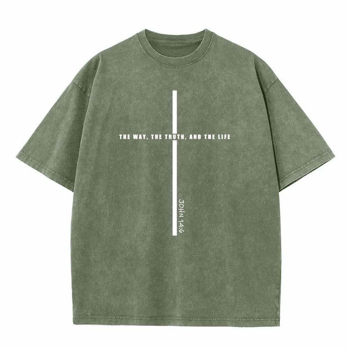 Christianartworkshop Minimal Thin Line Cross The Way The Truth And The Life John 14:6 Front Print Washed T-Shirt - Army Green - 5XL - image 2