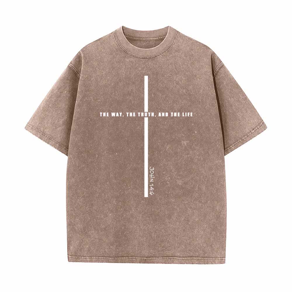 Christianartworkshop Minimal Thin Line Cross The Way The Truth And The Life John 14:6 Front Print Washed T-Shirt - Brown - 5XL - image 4