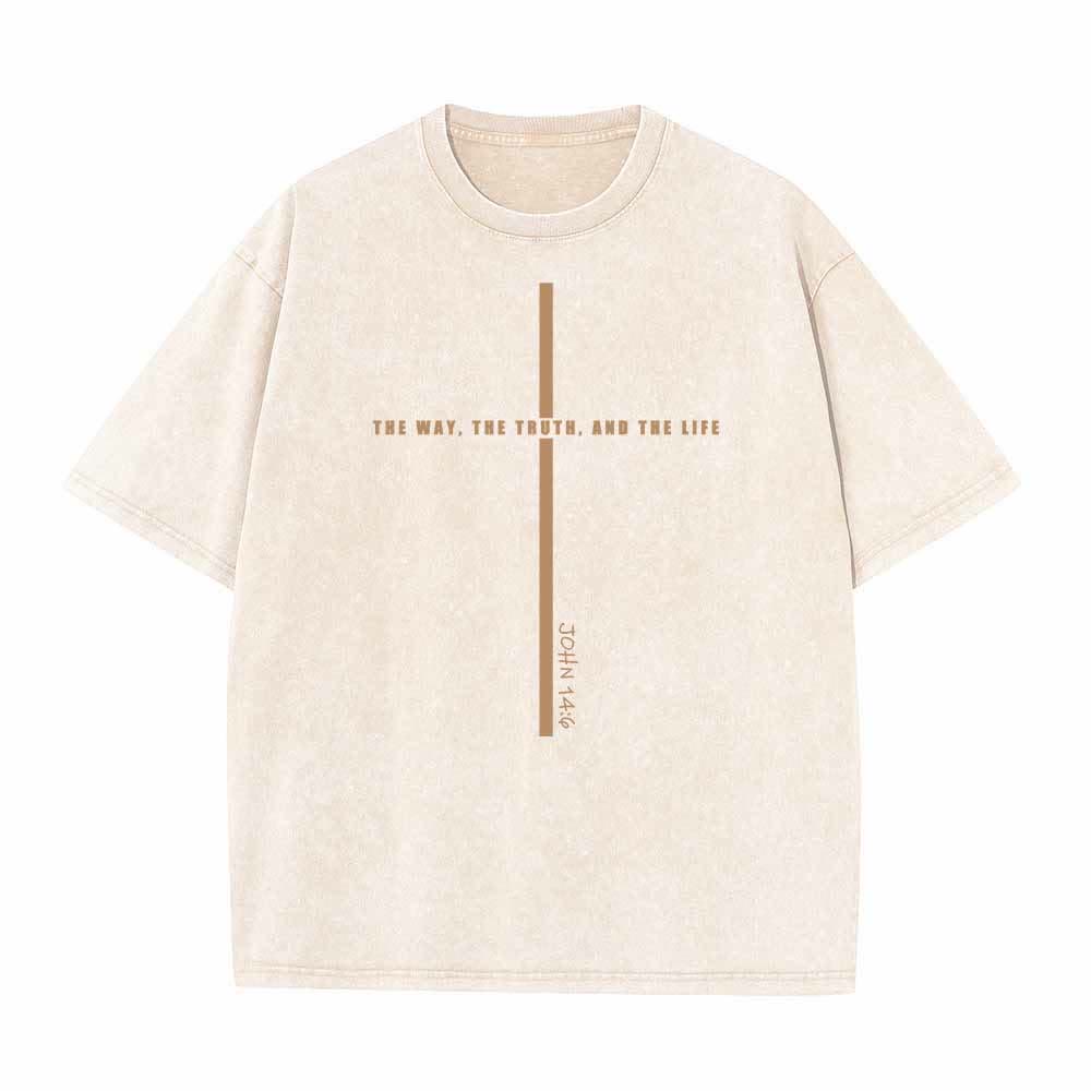 Christianartworkshop Minimal Thin Line Cross The Way The Truth And The Life John 14:6 Front Print Washed T-Shirt - Beige - 5XL - image 8