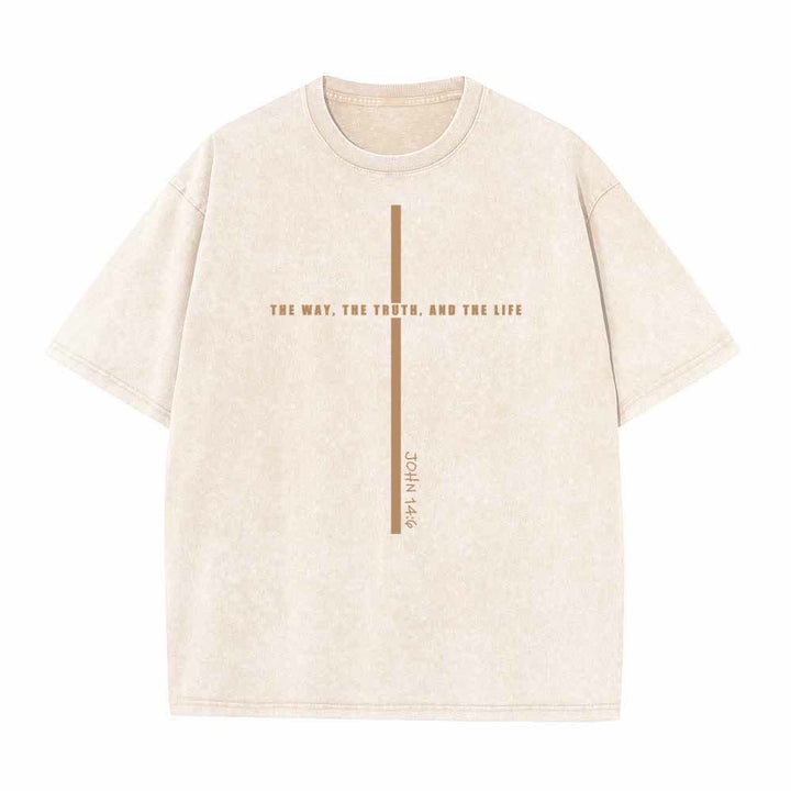 Christianartworkshop Minimal Thin Line Cross The Way The Truth And The Life John 14:6 Front Print Washed T-Shirt - Beige - 5XL - image 8