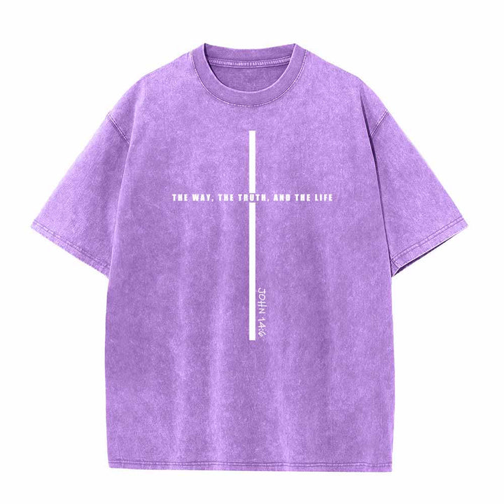 Christianartworkshop Minimal Thin Line Cross The Way The Truth And The Life John 14:6 Front Print Washed T-Shirt - Purple - 5XL - image 0