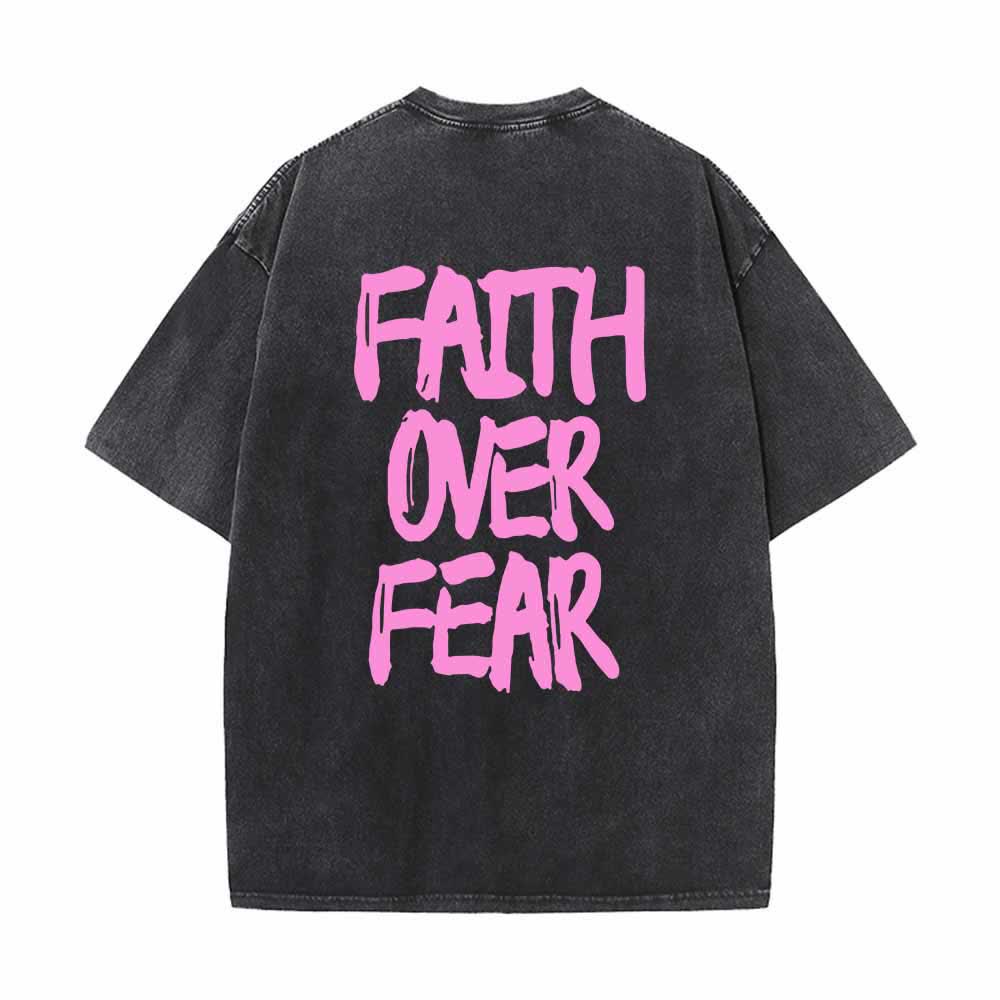 Christianartworkshop Faith Over Fear Brush Stroke Font Front Mini Print Back Large Text Dual-Sided Washed T-Shirt - image 25