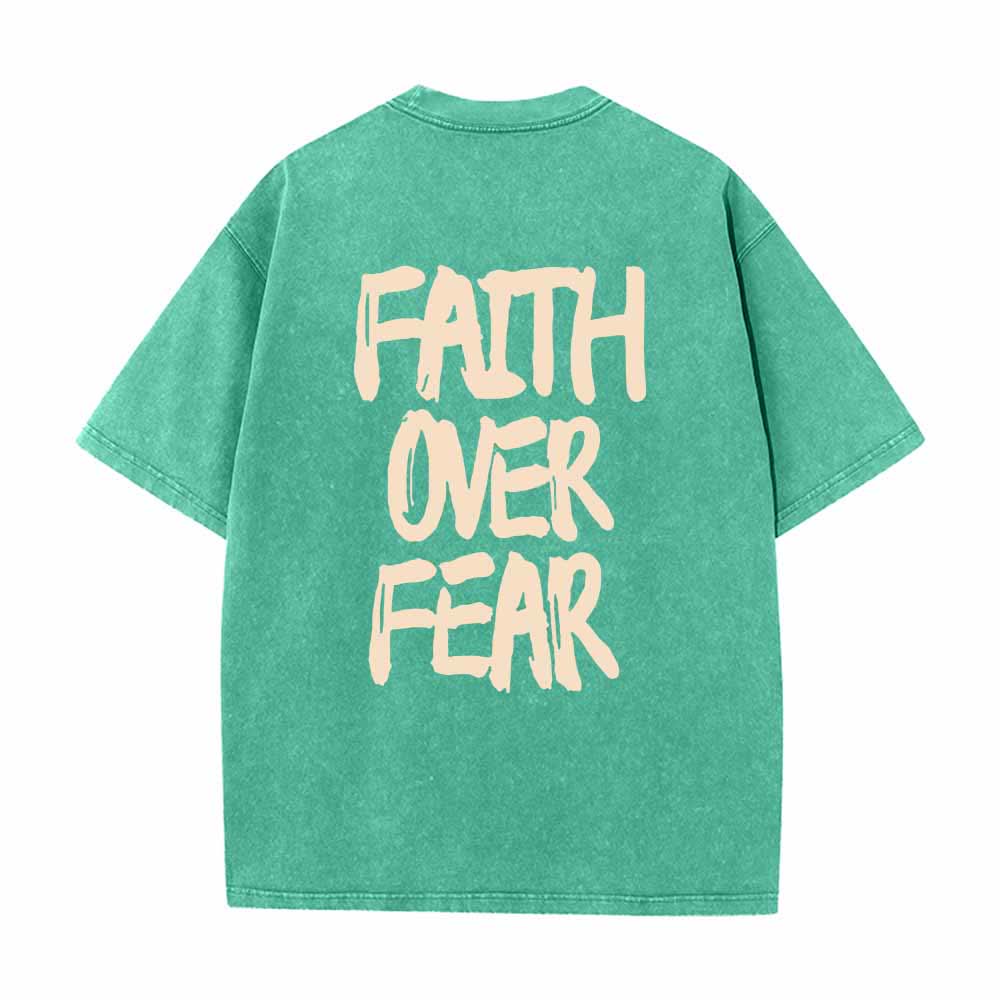 Christianartworkshop Faith Over Fear Brush Stroke Font Front Mini Print Back Large Text Dual-Sided Washed T-Shirt - image 22