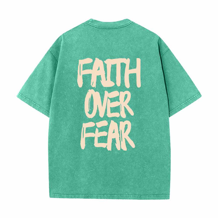 Christianartworkshop Faith Over Fear Brush Stroke Font Front Mini Print Back Large Text Dual-Sided Washed T-Shirt - image 22