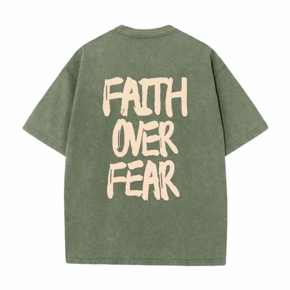 Christianartworkshop Faith Over Fear Brush Stroke Font Front Mini Print Back Large Text Dual-Sided Washed T-Shirt - image 10