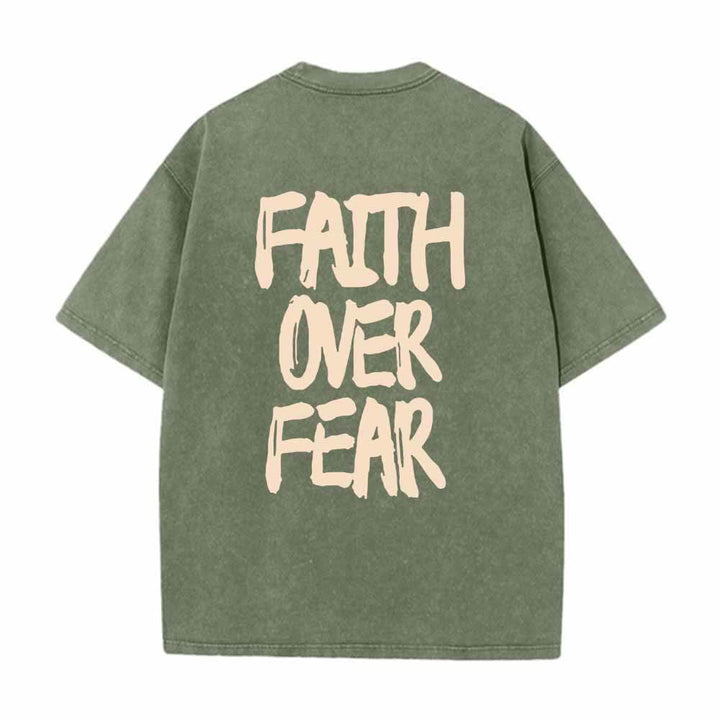 Christianartworkshop Faith Over Fear Brush Stroke Font Front Mini Print Back Large Text Dual-Sided Washed T-Shirt - image 10