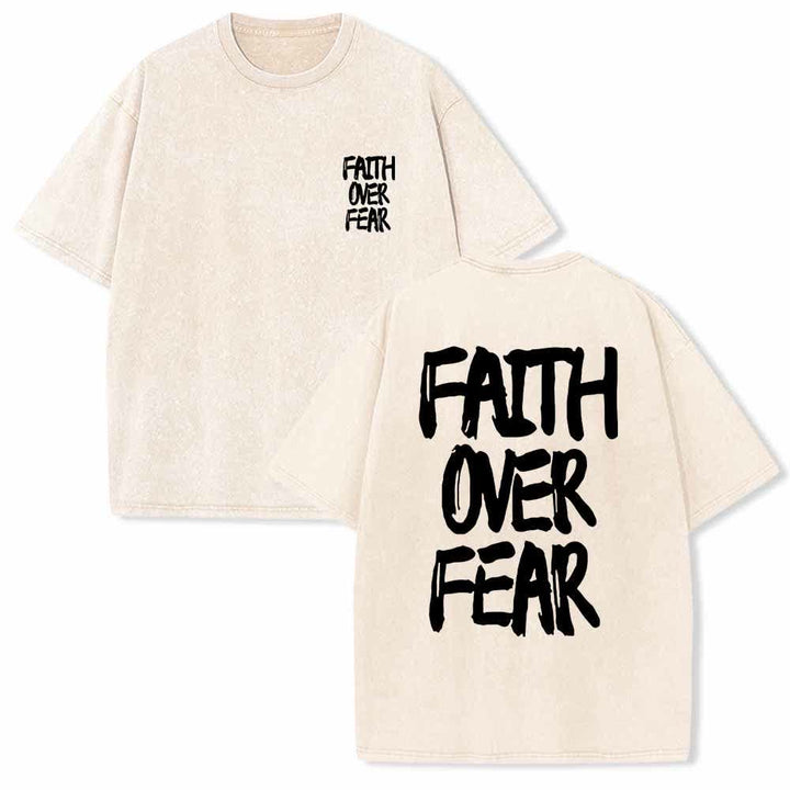 Christianartworkshop Faith Over Fear Brush Stroke Font Front Mini Print Back Large Text Dual-Sided Washed T-Shirt - Beige - 5XL - image 0