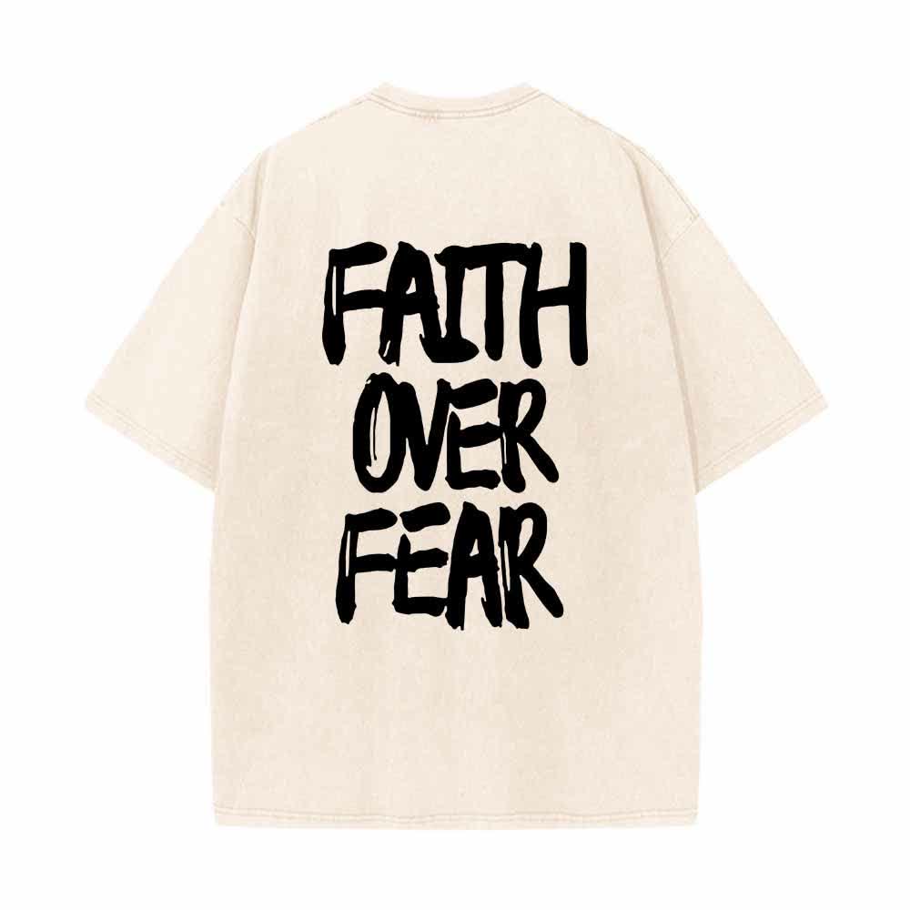 Christianartworkshop Faith Over Fear Brush Stroke Font Front Mini Print Back Large Text Dual-Sided Washed T-Shirt - image 1