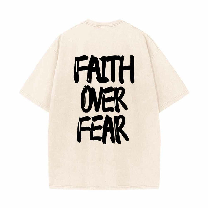 Christianartworkshop Faith Over Fear Brush Stroke Font Front Mini Print Back Large Text Dual-Sided Washed T-Shirt - image 1