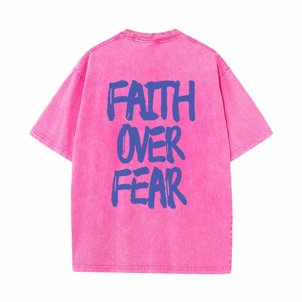 Christianartworkshop Faith Over Fear Brush Stroke Font Front Mini Print Back Large Text Dual-Sided Washed T-Shirt - image 7