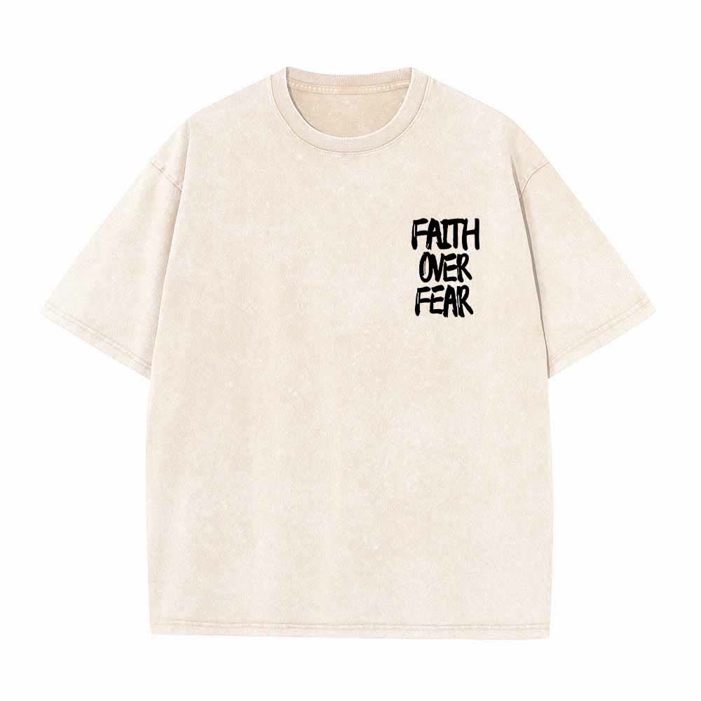 Christianartworkshop Faith Over Fear Brush Stroke Font Front Mini Print Back Large Text Dual-Sided Washed T-Shirt - image 2