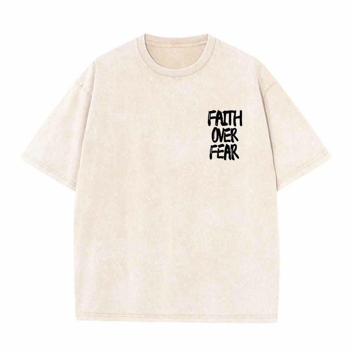 Christianartworkshop Faith Over Fear Brush Stroke Font Front Mini Print Back Large Text Dual-Sided Washed T-Shirt - image 2