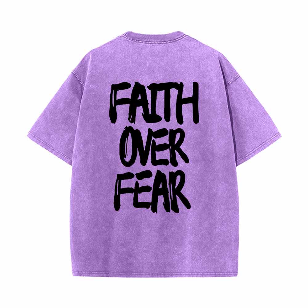 Christianartworkshop Faith Over Fear Brush Stroke Font Front Mini Print Back Large Text Dual-Sided Washed T-Shirt - image 4