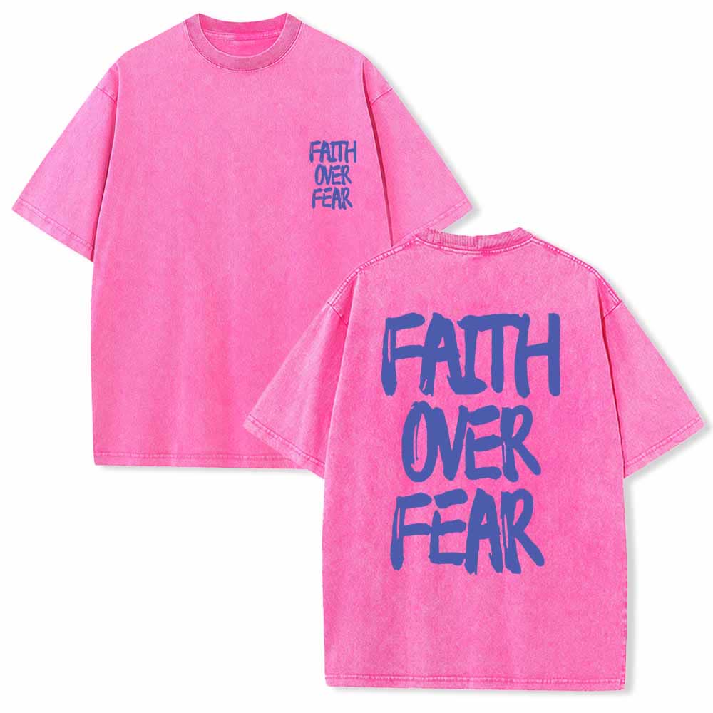 Christianartworkshop Faith Over Fear Brush Stroke Font Front Mini Print Back Large Text Dual-Sided Washed T-Shirt - Pink - 5XL - image 6