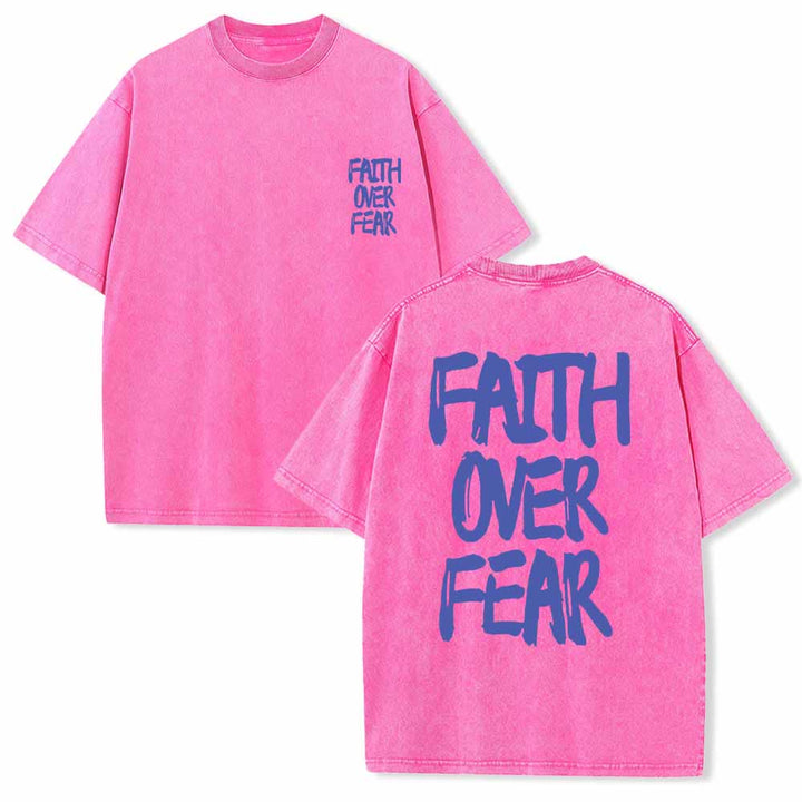 Christianartworkshop Faith Over Fear Brush Stroke Font Front Mini Print Back Large Text Dual-Sided Washed T-Shirt - Pink - 5XL - image 6