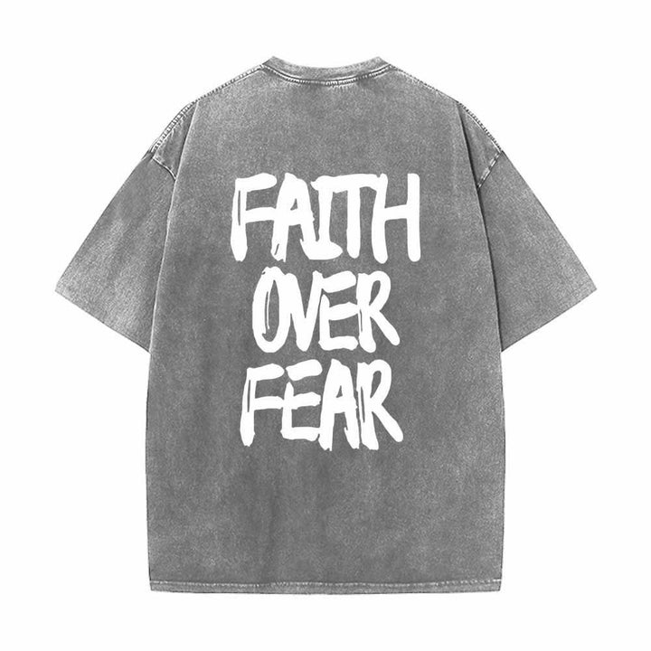Christianartworkshop Faith Over Fear Brush Stroke Font Front Mini Print Back Large Text Dual-Sided Washed T-Shirt - image 19
