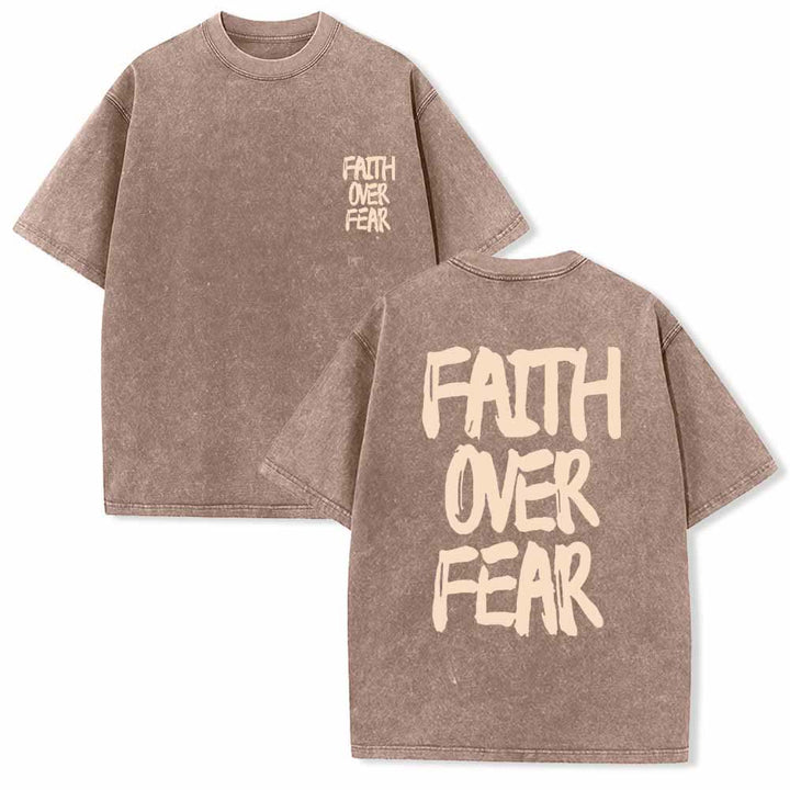 Christianartworkshop Faith Over Fear Brush Stroke Font Front Mini Print Back Large Text Dual-Sided Washed T-Shirt - Brown - 5XL - image 15