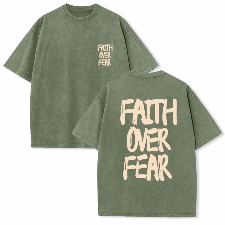 Christianartworkshop Faith Over Fear Brush Stroke Font Front Mini Print Back Large Text Dual-Sided Washed T-Shirt - Army Green - 5XL - image 9