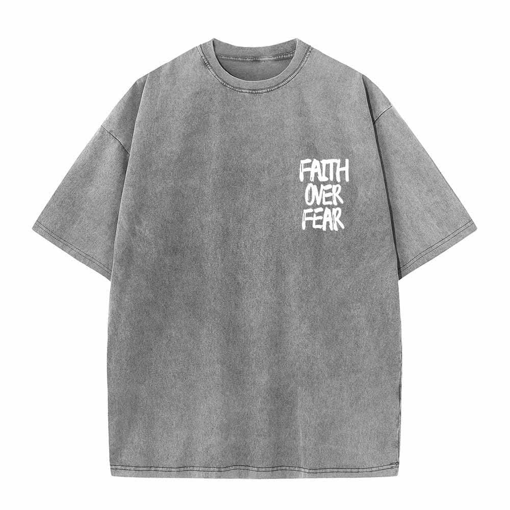 Christianartworkshop Faith Over Fear Brush Stroke Font Front Mini Print Back Large Text Dual-Sided Washed T-Shirt - image 20