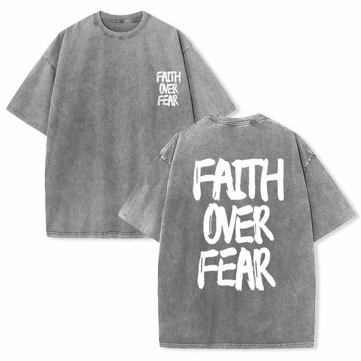 Christianartworkshop Faith Over Fear Brush Stroke Font Front Mini Print Back Large Text Dual-Sided Washed T-Shirt - Grey - 5XL - image 18