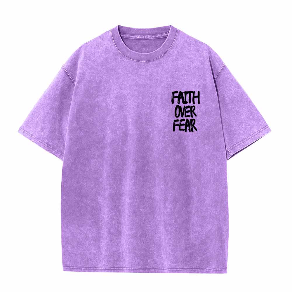 Christianartworkshop Faith Over Fear Brush Stroke Font Front Mini Print Back Large Text Dual-Sided Washed T-Shirt - image 5