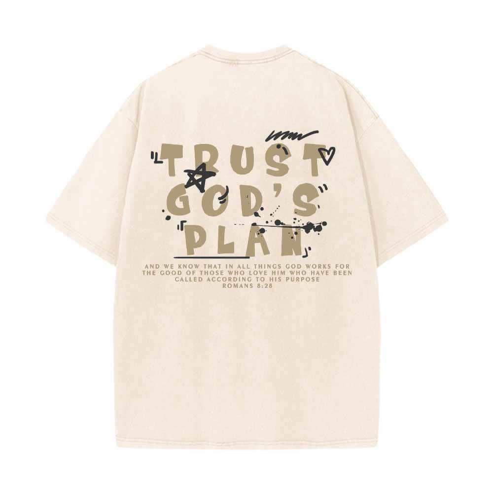 Christianartworkshop Trust God's Plan Graffiti Font Front Mini Print Back Large Text Romans 8:28 Dual-Sided Washed T-Shirt - image 7
