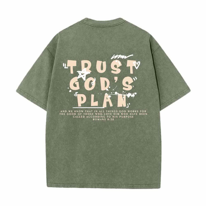 Christianartworkshop Trust God's Plan Graffiti Font Front Mini Print Back Large Text Romans 8:28 Dual-Sided Washed T-Shirt - image 16