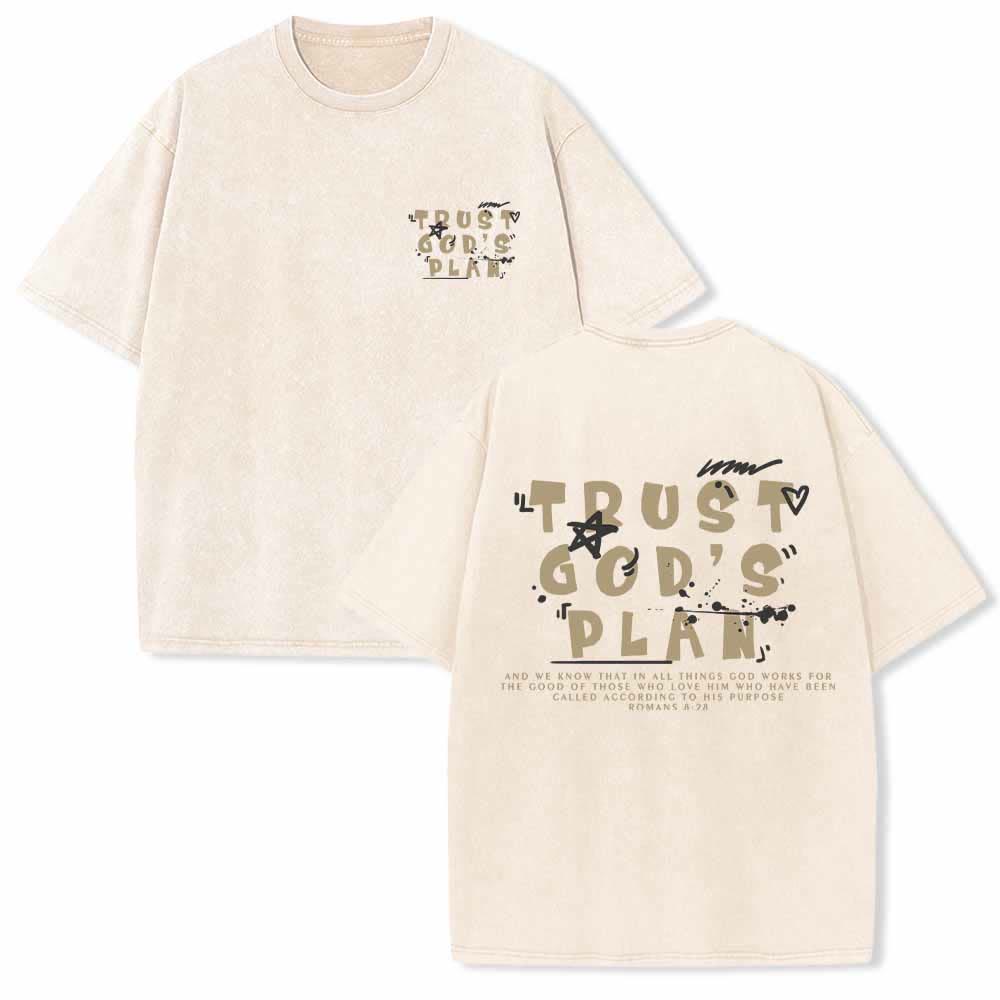 Christianartworkshop Trust God's Plan Graffiti Font Front Mini Print Back Large Text Romans 8:28 Dual-Sided Washed T-Shirt - Beige - 5XL - image 6