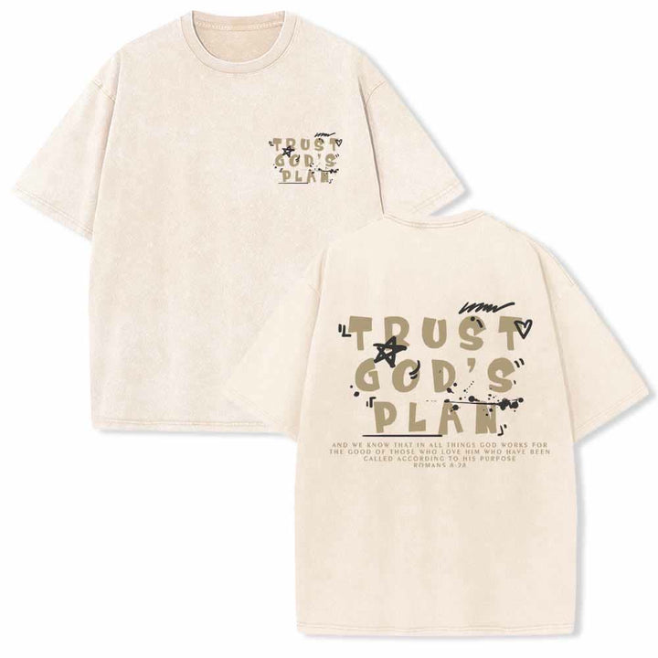 Christianartworkshop Trust God's Plan Graffiti Font Front Mini Print Back Large Text Romans 8:28 Dual-Sided Washed T-Shirt - Beige - 5XL - image 6