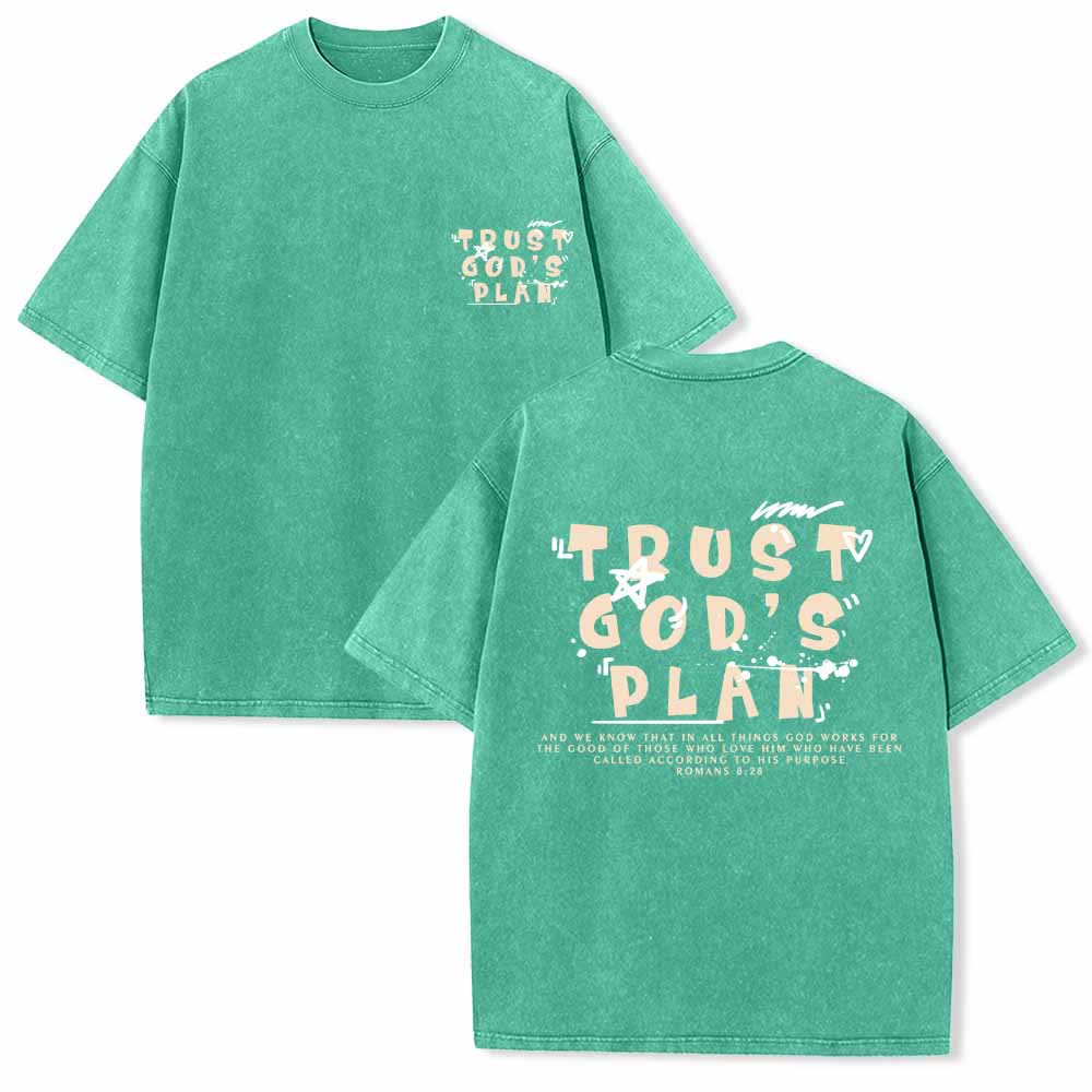 Christianartworkshop Trust God's Plan Graffiti Font Front Mini Print Back Large Text Romans 8:28 Dual-Sided Washed T-Shirt - Green - 5XL - image 0