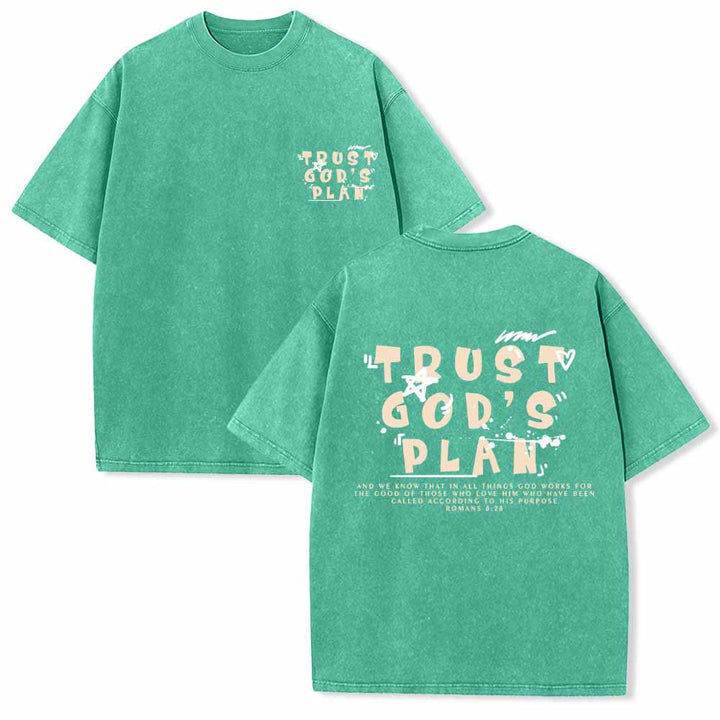 Christianartworkshop Trust God's Plan Graffiti Font Front Mini Print Back Large Text Romans 8:28 Dual-Sided Washed T-Shirt - Green - 5XL - image 0