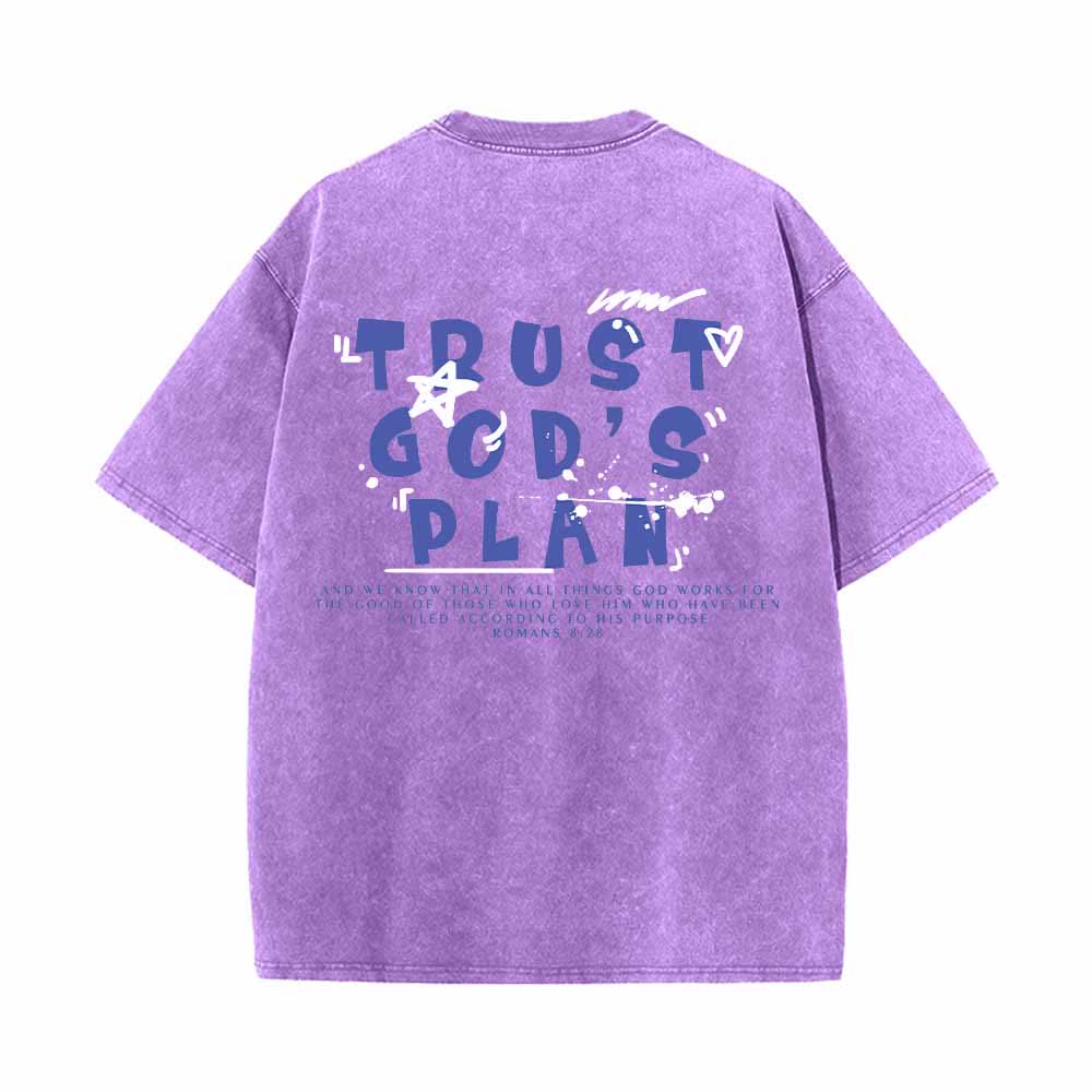 Christianartworkshop Trust God's Plan Graffiti Font Front Mini Print Back Large Text Romans 8:28 Dual-Sided Washed T-Shirt - image 10