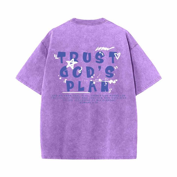 Christianartworkshop Trust God's Plan Graffiti Font Front Mini Print Back Large Text Romans 8:28 Dual-Sided Washed T-Shirt - image 10