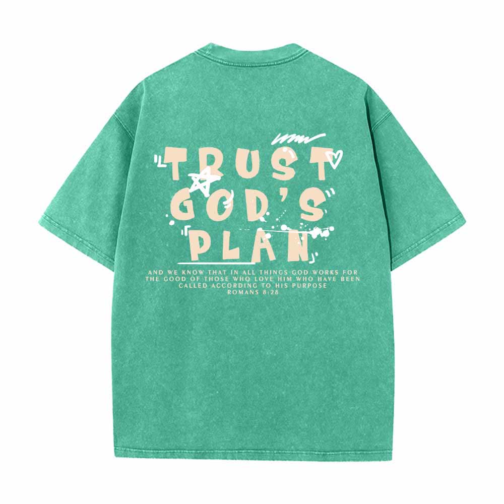 Christianartworkshop Trust God's Plan Graffiti Font Front Mini Print Back Large Text Romans 8:28 Dual-Sided Washed T-Shirt - image 1