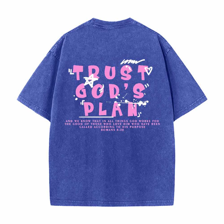 Christianartworkshop Trust God's Plan Graffiti Font Front Mini Print Back Large Text Romans 8:28 Dual-Sided Washed T-Shirt - image 19