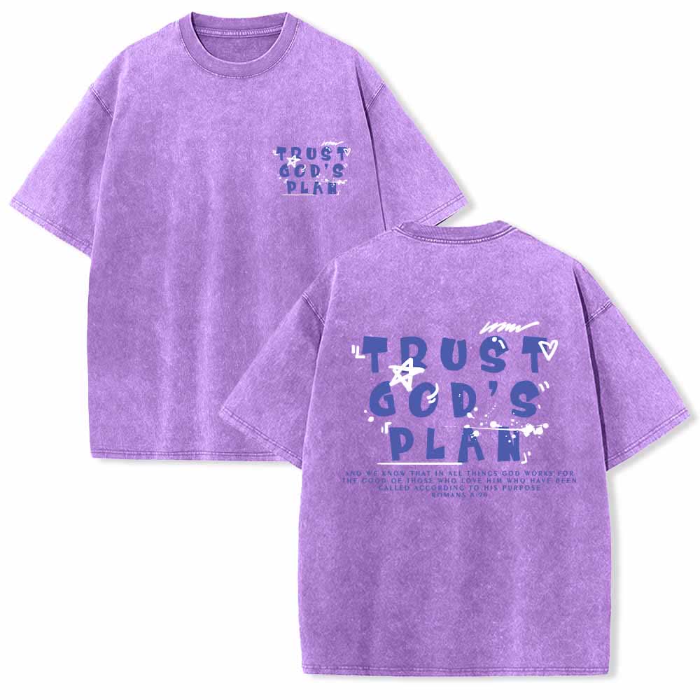 Christianartworkshop Trust God's Plan Graffiti Font Front Mini Print Back Large Text Romans 8:28 Dual-Sided Washed T-Shirt - Purple - 5XL - image 9