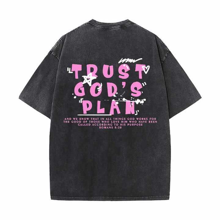 Christianartworkshop Trust God's Plan Graffiti Font Front Mini Print Back Large Text Romans 8:28 Dual-Sided Washed T-Shirt - image 4