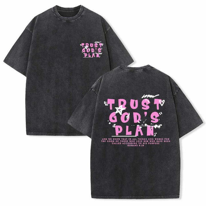 Christianartworkshop Trust God's Plan Graffiti Font Front Mini Print Back Large Text Romans 8:28 Dual-Sided Washed T-Shirt - Black - 5XL - image 3