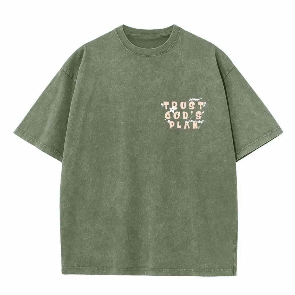 Christianartworkshop Trust God's Plan Graffiti Font Front Mini Print Back Large Text Romans 8:28 Dual-Sided Washed T-Shirt - image 17