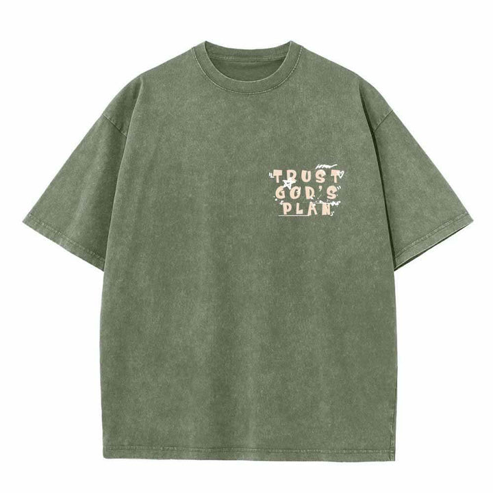 Christianartworkshop Trust God's Plan Graffiti Font Front Mini Print Back Large Text Romans 8:28 Dual-Sided Washed T-Shirt - image 17