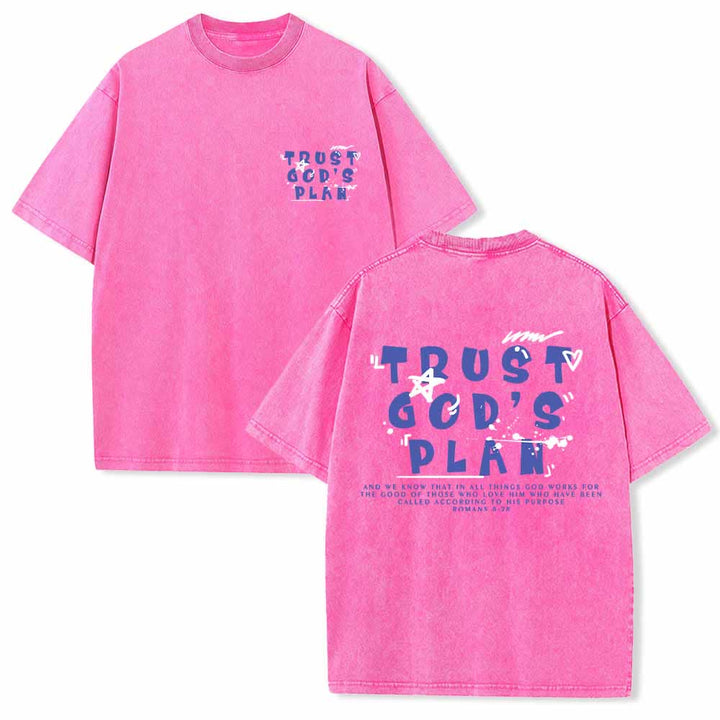 Christianartworkshop Trust God's Plan Graffiti Font Front Mini Print Back Large Text Romans 8:28 Dual-Sided Washed T-Shirt - Pink - 5XL - image 12