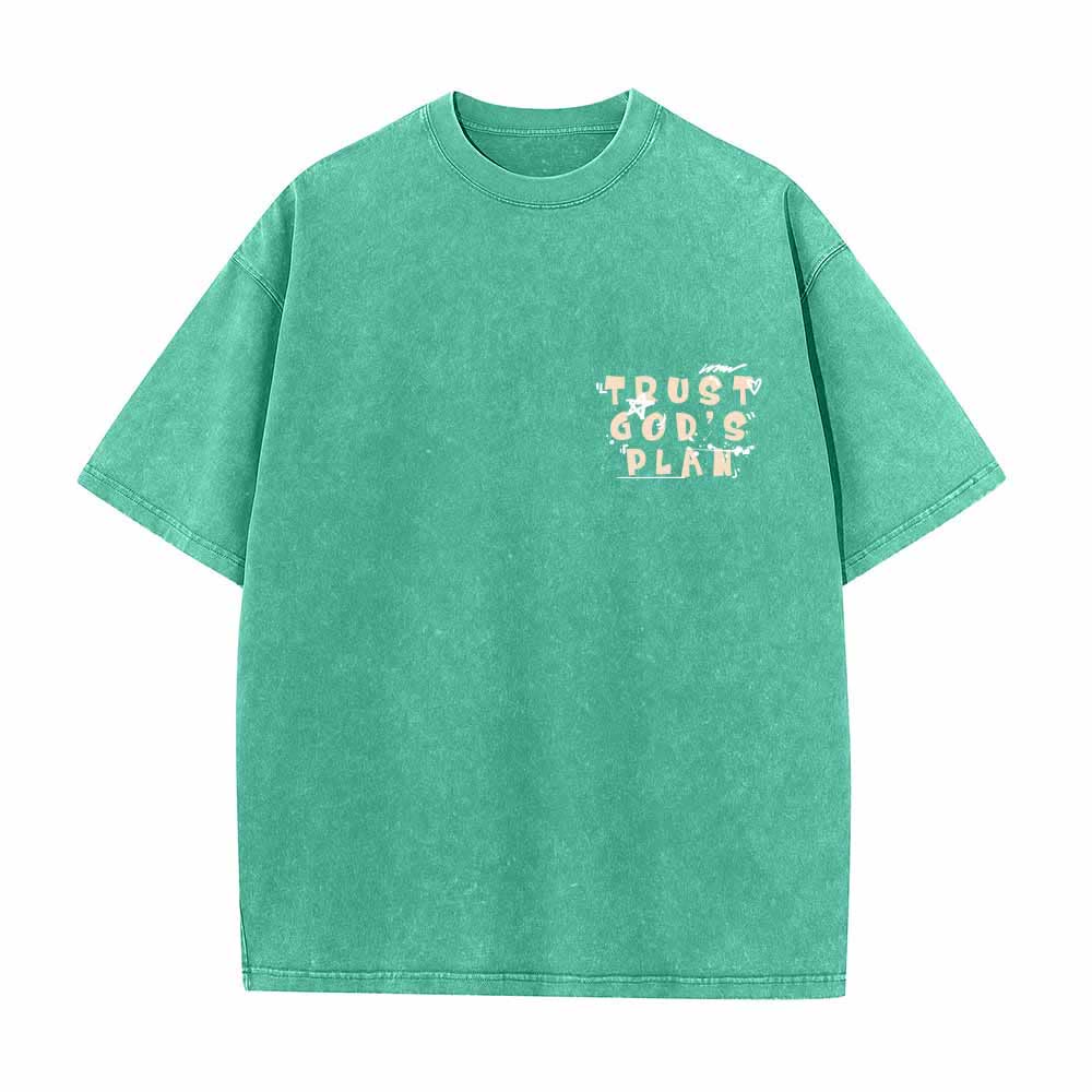 Christianartworkshop Trust God's Plan Graffiti Font Front Mini Print Back Large Text Romans 8:28 Dual-Sided Washed T-Shirt - image 2