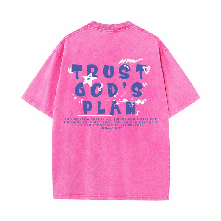 Christianartworkshop Trust God's Plan Graffiti Font Front Mini Print Back Large Text Romans 8:28 Dual-Sided Washed T-Shirt - image 13