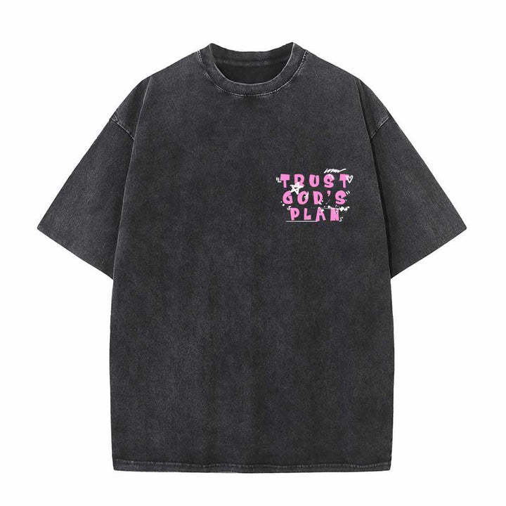 Christianartworkshop Trust God's Plan Graffiti Font Front Mini Print Back Large Text Romans 8:28 Dual-Sided Washed T-Shirt - image 5