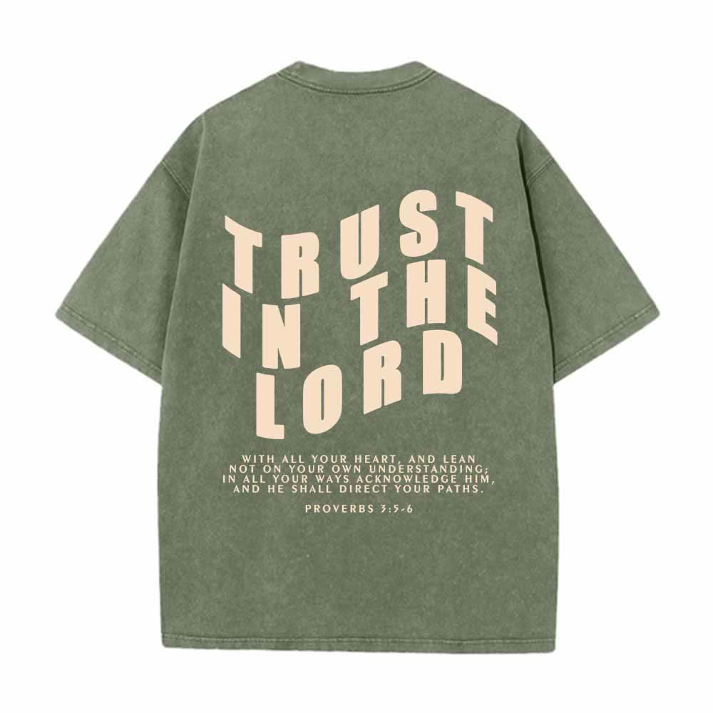 Christianartworkshop Trust In The Lord Straight Front Arch Back Proverbs 3:5-6 Dual-Sided Washed T-Shirt - image 19